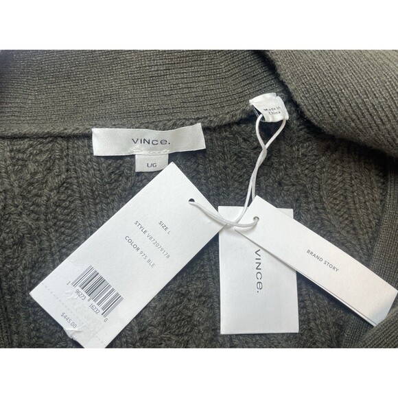VINCE Cashmere Wool Interlocking Cable Cardigan Sweater In Black Leaf Sz L New - Picture 6 of 10